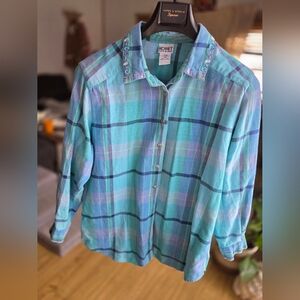 Vintage Koret Embroidered Blue Plaid Button Down Shirt Womens 16W 23in P2P